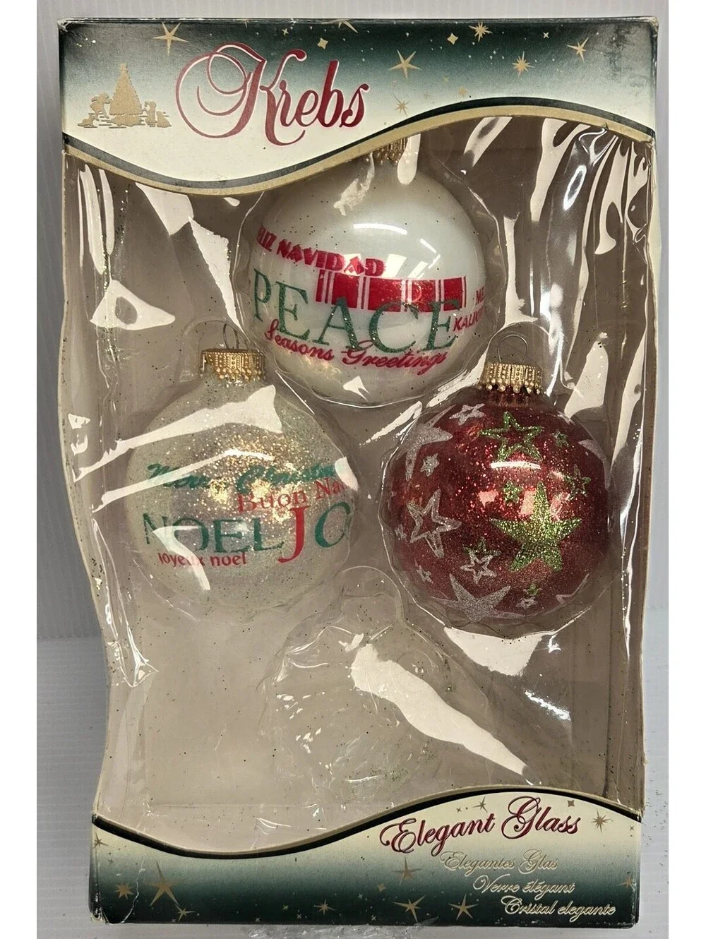 Christmas by Krebs Glass Ornaments Lot 3 Holiday Text Glitter Original Box